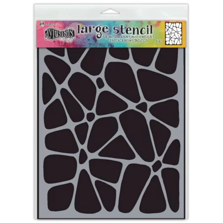 A single Large Crazy Paving Dylusions Stencil is shown in the center of the frame vertically. The stencil is in a clear packaging with a black backing. There is a colourful header at the top of the packaging that has the Dylusions Logo and stencil name on it. The stencil is made from a white plastic and the design is cut out of the plastic.