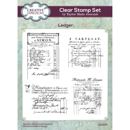 A single Ledger Creative Expressions Clear Stamp Set can be seen in the center of the frame vertically. The set is in a clear packaging with a printed backing board. The backing board has teh Creative Expressions logo and the name of the product. The stamp set can be seen through the front of the packaging. The stamp is clear with black lines. On a white background.