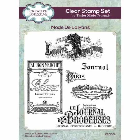 A single Mode De La Paris Creative Expressions Clear Stamp Set can be seen in the center of the frame vertically. The set is in a clear packaging with a printed backing board. The backing board has teh Creative Expressions logo and the name of the product. The stamp set can be seen through the front of the packaging. The stamp is clear with black lines. On a white background.