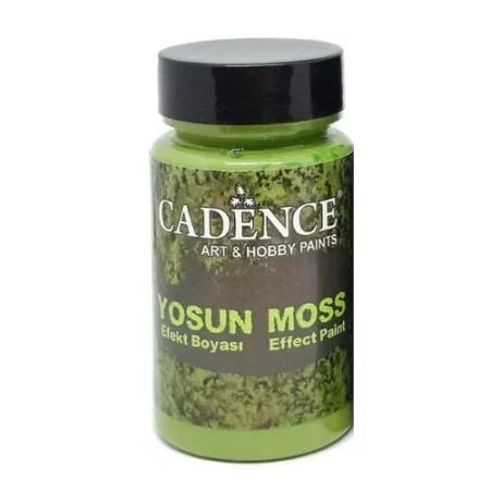 a bottle of cadence moss effect paste is in the center of the image. the bottle is green with a dirty green label and white and light green writing. the lid is black. on a white background