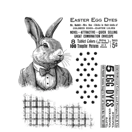 A print out of the front of the Mr Rabbit Tim Holtz Stamp Set is shown in the center of the frame on a white background. There is a bunny in the top left hand corner with text to the right of the bunny and random shapes below the text and bunny.