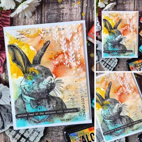 A card that was made using the Mr Rabbit Tim Holtz Stamp Set is shown in the frame.
