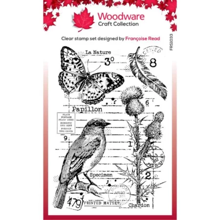 A single Nature Page Woodware Clear Stamp Set is shown in the center of the frame. The set has a printed cardboard backing with the Jane Davenport logo. The images of the stamp are printed on the front in colour. On a white background.
