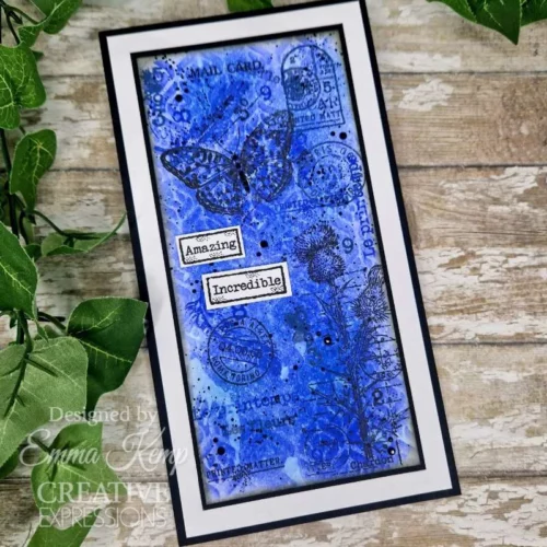 A greeting card was made using the Nature Page Woodware Clear Stamp Set. The background is blue and the butterflies have been stamped in black.