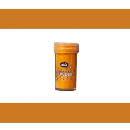 Dala Pearlescent Powder: Orange is in the center of the image. above and below it are two horizontal lines in the same colour as the pot of powder. on a white background