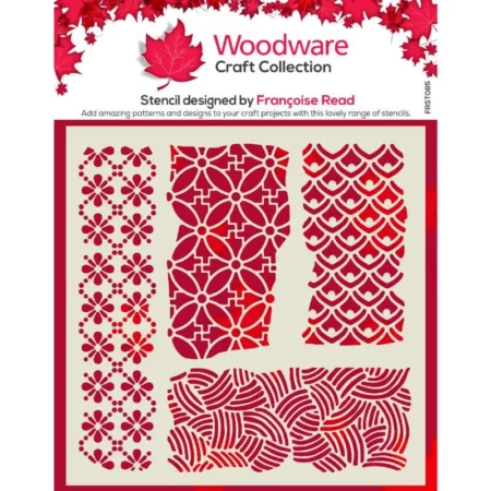 A single Organic Woodware Stencil is shown in the center of the frame. The stencil is square and made of white plastic. The designs are cut out of the plastic. There is a printed cardboard backing board and header for this hang pack in red. On a white background.