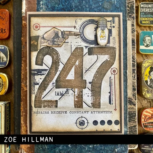 A card is shown in the frame that was made using the Paint By Number Tim Holtz Stamp Set. The card is vintage themed and has numbers printed on the front.