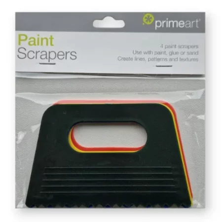 prime-art-paint-scraper-set-4-pieces is in a clear packet with the label at the top. the picture is at the centre of the image on a white background