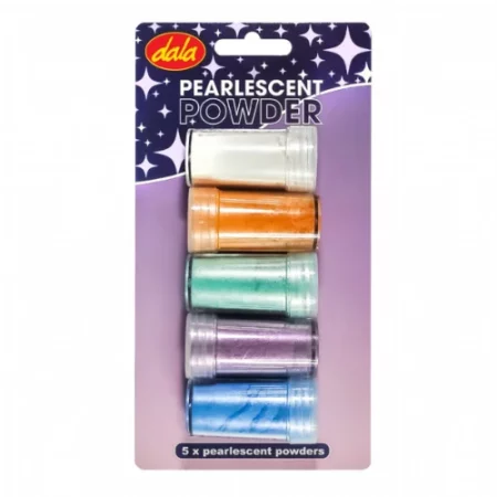 Dala Pearlescent Powder Set: Colours are in the center of the image. they are stacked sideways in a line on a purple card with plastic over them. the top of the card has the stars on it and the dala logo printed in orange. on a white background.