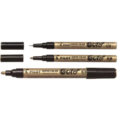 three Pilot Gold Markers of different sizes are lying horizontally across the image. all three pens have no lids on. the body of the pens are gold and the lids are black. they are on a white background