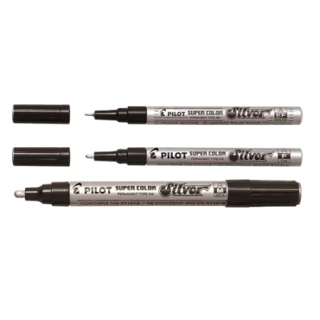 three Pilot Silver Markers of different sizes are lying horizontally across the image. all three pens have no lids on. the body of the pens are silver and the lids are black. they are on a white background