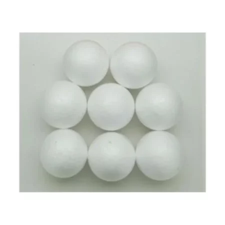 Polystyrene Balls 45mm: Pack of 8 are sitting in the center of the image. darker white balls. two rows of three and one row of 2 at the top. on a white background
