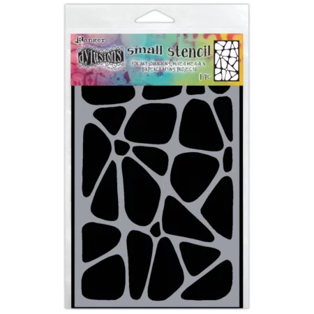 A single Small Crazy Paving Dylusions Stencil is shown in the center of the frame vertically. The stencil is in a clear packaging with a black backing. There is a colourful header at the top of the packaging that has the Dylusions Logo and stencil name on it. The stencil is made from a white plastic and the design is cut out of the plastic.