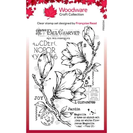 A single Spring magnolia Woodware Clear Stamp Set is shown in the center of the frame. The set has a printed cardboard backing with the Jane Davenport logo. The images of the stamp are printed on the front in colour. On a white background.