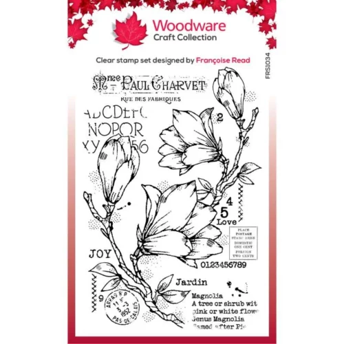 A single Spring magnolia Woodware Clear Stamp Set is shown in the center of the frame. The set has a printed cardboard backing with the Jane Davenport logo. The images of the stamp are printed on the front in colour. On a white background.