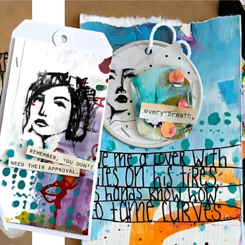 A project using the Stacked Dina Wakley MEdia Stencil is shown in the frame. The stencil has been used on a tag and a journal page. There are other stamped images and embellishments on the tag and journal page.
