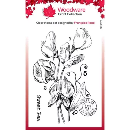A single Sweet Pea Woodware Clear Stamp Set is shown in the center of the frame. The set has a printed cardboard backing with the Jane Davenport logo. The images of the stamp are printed on the front in colour. On a white background.
