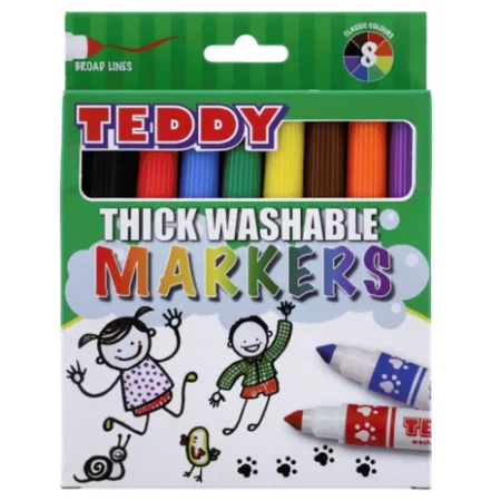 Dala Washable Marker Set of 8 are in the center of the image. the box is green with little stick figure children drawn on it. you can see the rainbow colours of the markers inside the box. on a white background.