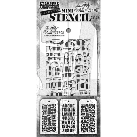 A single Tim Holtz Mini Stencil Set 58 is seen in the center of the frame in it's packaging. The packaging has a printed backing board with a clear plastic that holds the stencil to the backing board. The backing is printed in grey and has some text at the top of the packaging describing the contents and includes the Tim Holtz logo. There is a printed strip at the bottom of the package that shows a picture of the 3 different stencil designs available in this set. You can see the stencils through the clear packaging. The stencils are plastic and tag shaped and the designs are cut out from the body of the tag shaped stencil. The image is center of the frame and on a white background.