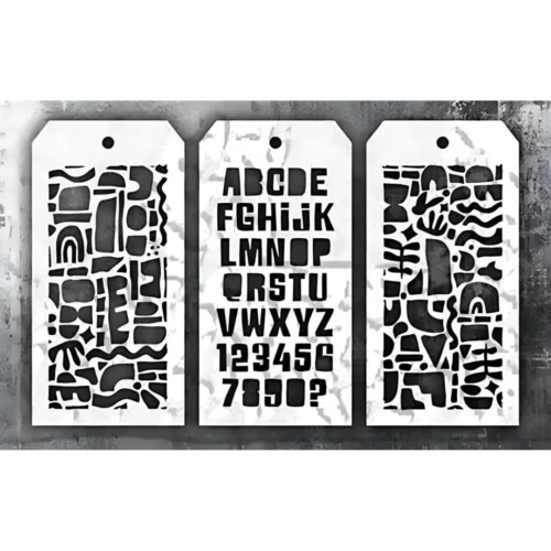 A close up image of the Tim Holtz Mini Stencil Set 58 designs. The image is centered across the frame horizontally. There are 3 tag shaped stencils shown next to each other. The image is black and white and on a white background.