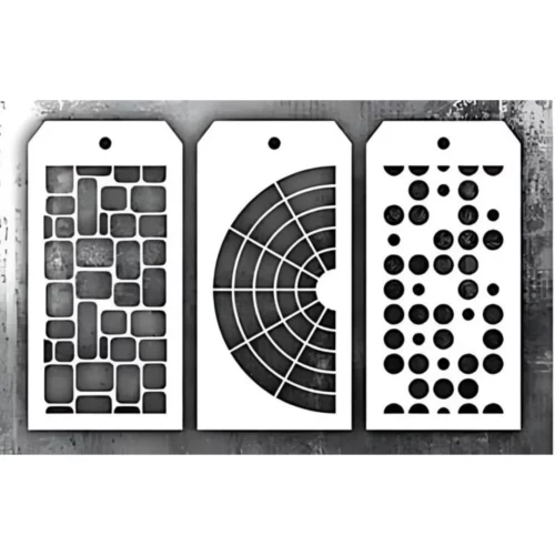 A close up image of the Tim Holtz Mini Stencil Set 59 designs. The image is centered across the frame horizontally. There are 3 tag shaped stencils shown next to each other. The image is black and white and on a white background.