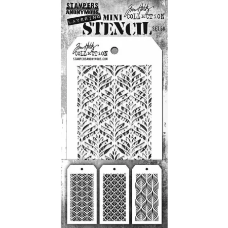 A single Tim Holtz Mini Stencil Set 60 is seen in the center of the frame in it's packaging. The packaging has a printed backing board with a clear plastic that holds the stencil to the backing board. The backing is printed in grey and has some text at the top of the packaging describing the contents and includes the Tim Holtz logo. There is a printed strip at the bottom of the package that shows a picture of the 3 different stencil designs available in this set. You can see the stencils through the clear packaging. The stencils are plastic and tag shaped and the designs are cut out from the body of the tag shaped stencil. The image is center of the frame and on a white background.