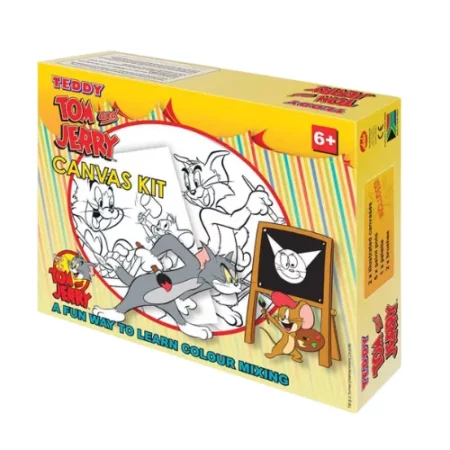 at an angle is a the Teddy Box Painting Set: tom and jerry the box is orange with an image of tom and jerry on the right hand side of it. on a white background