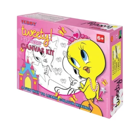 at an angle is a the Teddy Box Painting Set: Tweety Bird the box is pink with a large yellow tweety on the right hand side of it. on a white background
