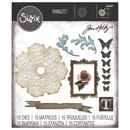 There is a full pack of Vault Boutique by Tim Holtz Sizzix Thinlits Die in the center of the frame. Front on view of the set. There are images of the die on the front of the set. The image is center of the frame and on a white background.