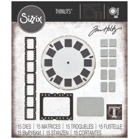 There is a full pack of Vault Picture Show by Tim Holtz Sizzix Thinlits Die in the center of the frame. Front on view of the set. There are images of the die on the front of the set. The image is center of the frame and on a white background.