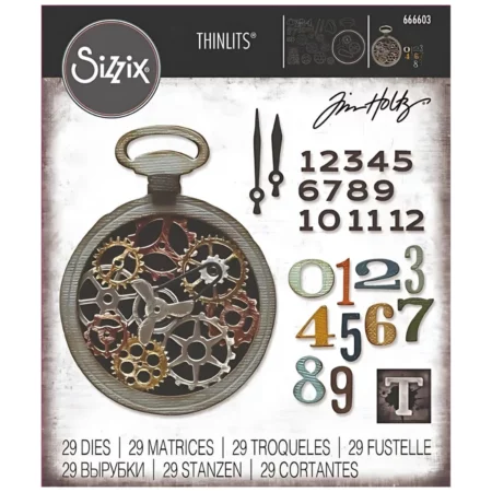 There is a full pack of Vault Watch Gears by Tim Holtz Sizzix Thinlits Die in the center of the frame. Front on view of the set. There are images of the die on the front of the set. The image is center of the frame and on a white background.