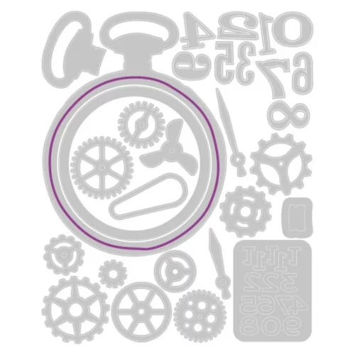 The outline of the dies from the Vault Watch Gears by Tim Holtz Thinlits Die Pack are shown in the center of the frame. They are grey coloured images with pink lines that show the score lines of the dies. The image is center of the frame and on a white background.