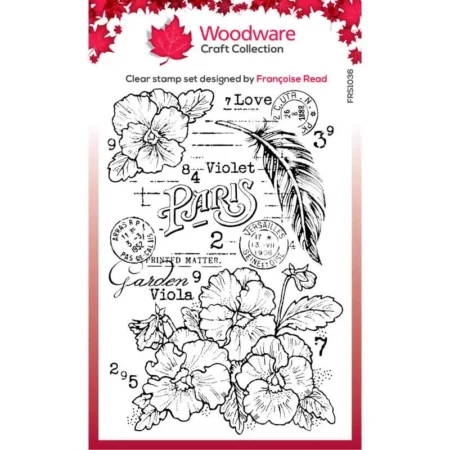 A single Viola Woodware Clear Stamp Set is shown in the center of the frame. The set has a printed cardboard backing with the Jane Davenport logo. The images of the stamp are printed on the front in colour. On a white background.