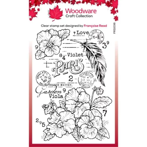 A single Viola Woodware Clear Stamp Set is shown in the center of the frame. The set has a printed cardboard backing with the Jane Davenport logo. The images of the stamp are printed on the front in colour. On a white background.