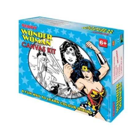 at an angle is a the Teddy Box Painting Set: Wonder Woman the box is blue with an image of wonder woman on the right hand side of it. on a white background