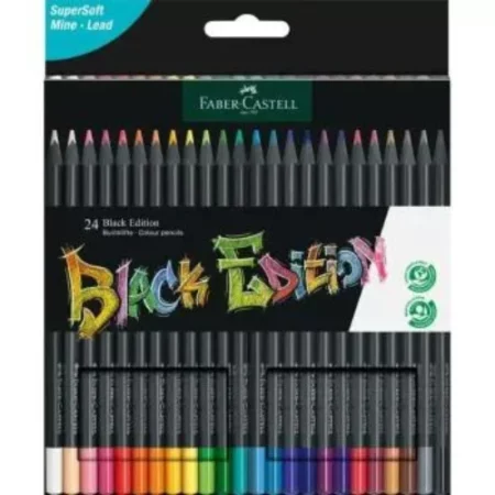 The front of a Set of 24 Faber Castell BLACK Edition Colour Pencils is shown vertically in the center of the frame. The box is black and there is a picture of the 24 different coloured pencils on the front of the box. The pencils have a black barrel and a coloured lead and the ends of the pencils are dipped in a colour to indicate the colour of the lead for easy identification. The image is center of the frame and on a white background.