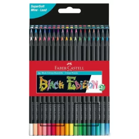 The front of a Set of 36 Faber Castell BLACK Edition Colour Pencils is shown vertically in the center of the frame. The box is black and there is a picture of the 24 different coloured pencils on the front of the box. The pencils have a black barrel and a coloured lead and the ends of the pencils are dipped in a colour to indicate the colour of the lead for easy identification. The image is center of the frame and on a white background.