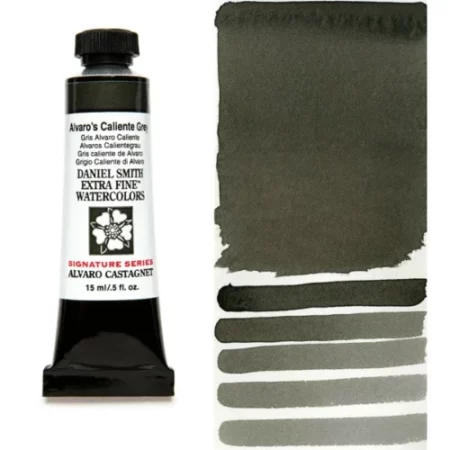 A tube of alvaros caliente grey Daniel Smith Watercolour Paint is shown in the frame, to the left hand side of the frame vertically. The tube has a black plastic cap and a black base. The center of the tube is white and there is a colour band at the top of the tube, below the cap, that indicates the colour of the paint. There is black text on the front of the tube with the brand name and logo. To the right of the tube is a colour swatch which was made using the paint. In the colour swatch, you can see the paint undiluted and in a diluted form. The image is on a white background and is center of the frame