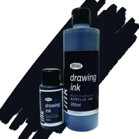 two bottles of atlas acrylic in are in the center of the image. the bottle on the left is a small bottle and the right hand side one is a large bottle. they both have black caps and black labels with white writing on them with the name of the product. they are sitting on a horizontal paint swipe of the same colour that is in the bottles which is black. they are on a white background.