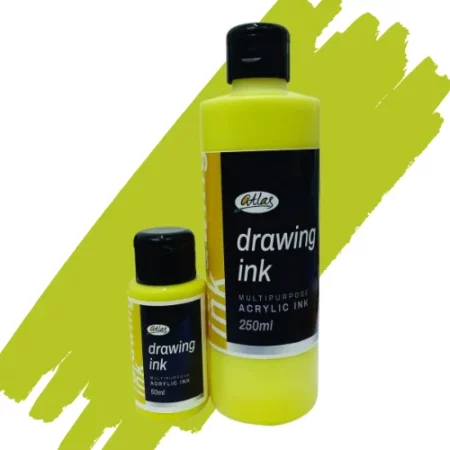 two bottles of atlas acrylic in are in the center of the image. the bottle on the left is a small bottle and the right hand side one is a large bottle. they both have black caps and black labels with white writing on them with the name of the product. they are sitting on a horizontal paint swipe of the same colour that is in the bottles which is cadmium yellow. they are on a white background.