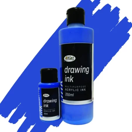 two bottles of atlas acrylic in are in the center of the image. the bottle on the left is a small bottle and the right hand side one is a large bottle. they both have black caps and black labels with white writing on them with the name of the product. they are sitting on a horizontal paint swipe of the same colour that is in the bottles which is cyan. they are on a white background.