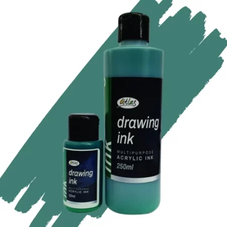 two bottles of atlas acrylic in are in the center of the image. the bottle on the left is a small bottle and the right hand side one is a large bottle. they both have black caps and black labels with white writing on them with the name of the product. they are sitting on a horizontal paint swipe of the same colour that is in the bottles which is emerald. they are on a white background