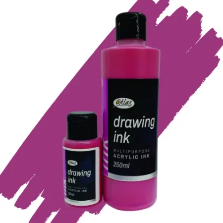two bottles of atlas acrylic in are in the center of the image. the bottle on the left is a small bottle and the right hand side one is a large bottle. they both have black caps and black labels with white writing on them with the name of the product. they are sitting on a horizontal paint swipe of the same colour that is in the bottles which is french pink. they are on a white background.