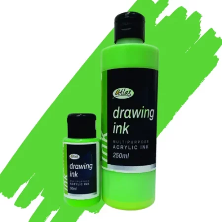 two bottles of atlas acrylic in are in the center of the image. the bottle on the left is a small bottle and the right hand side one is a large bottle. they both have black caps and black labels with white writing on them with the name of the product. they are sitting on a horizontal paint swipe of the same colour that is in the bottles which is lime green. they are on a white background.