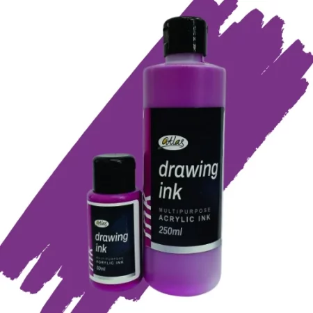 two bottles of atlas acrylic in are in the center of the image. the bottle on the left is a small bottle and the right hand side one is a large bottle. they both have black caps and black labels with white writing on them with the name of the product. they are sitting on a horizontal paint swipe of the same colour that is in the bottles which is magenta. they are on a white background.