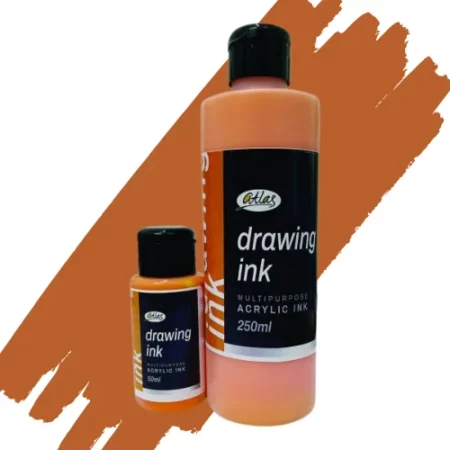 two bottles of atlas acrylic in are in the center of the image. the bottle on the left is a small bottle and the right hand side one is a large bottle. they both have black caps and black labels with white writing on them with the name of the product. they are sitting on a horizontal paint swipe of the same colour that is in the bottles which is orange. they are on a white background.