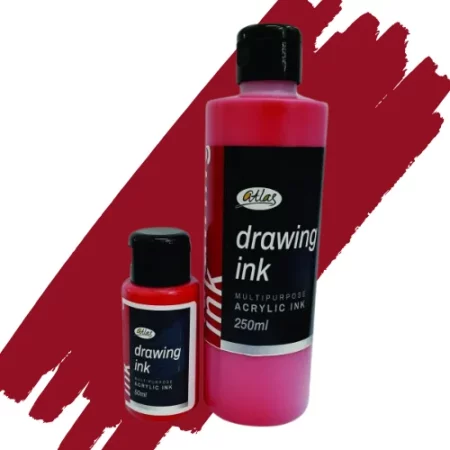 two bottles of atlas acrylic in are in the center of the image. the bottle on the left is a small bottle and the right hand side one is a large bottle. they both have black caps and black labels with white writing on them with the name of the product. they are sitting on a horizontal paint swipe of the same colour that is in the bottles which is scarlet. they are on a white background.