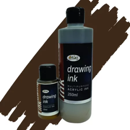 two bottles of atlas acrylic in are in the center of the image. the bottle on the left is a small bottle and the right hand side one is a large bottle. they both have black caps and black labels with white writing on them with the name of the product. they are sitting on a horizontal paint swipe of the same colour that is in the bottles which is sienna. they are on a white background.
