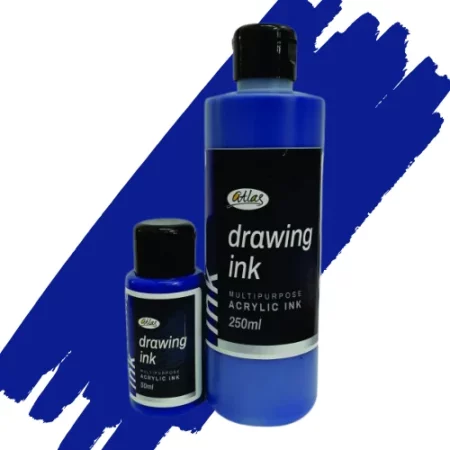 two bottles of atlas acrylic in are in the center of the image. the bottle on the left is a small bottle and the right hand side one is a large bottle. they both have black caps and black labels with white writing on them with the name of the product. they are sitting on a horizontal paint swipe of the same colour that is in the bottles which is ultramarine. they are on a white background.