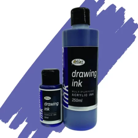two bottles of atlas acrylic in are in the center of the image. the bottle on the left is a small bottle and the right hand side one is a large bottle. they both have black caps and black labels with white writing on them with the name of the product. they are sitting on a horizontal paint swipe of the same colour that is in the bottles which is violet. they are on a white background.